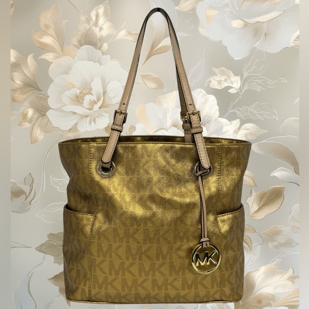 Michael Kors Jet Set East West Signature Gold Metallic Tote Purse Shoulder Bag